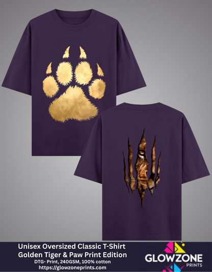 Unisex Oversized Classic T-Shirt – Golden Tiger &amp; Paw Print Edition Purple GlowZonePrints