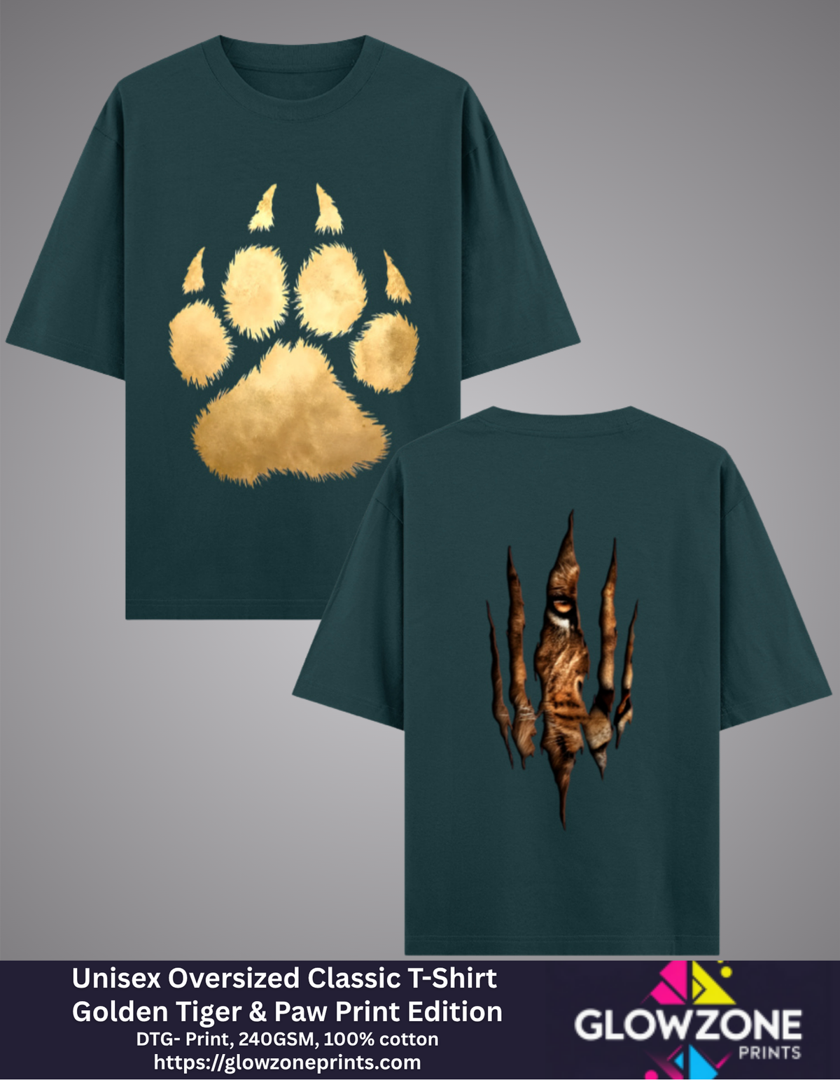 Unisex Oversized Classic T-Shirt – Golden Tiger &amp; Paw Print Edition Petrol Blue GlowZonePrints