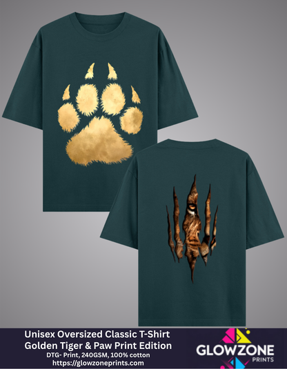 Unisex Oversized Classic T-Shirt – Golden Tiger &amp; Paw Print Edition Petrol Blue GlowZonePrints
