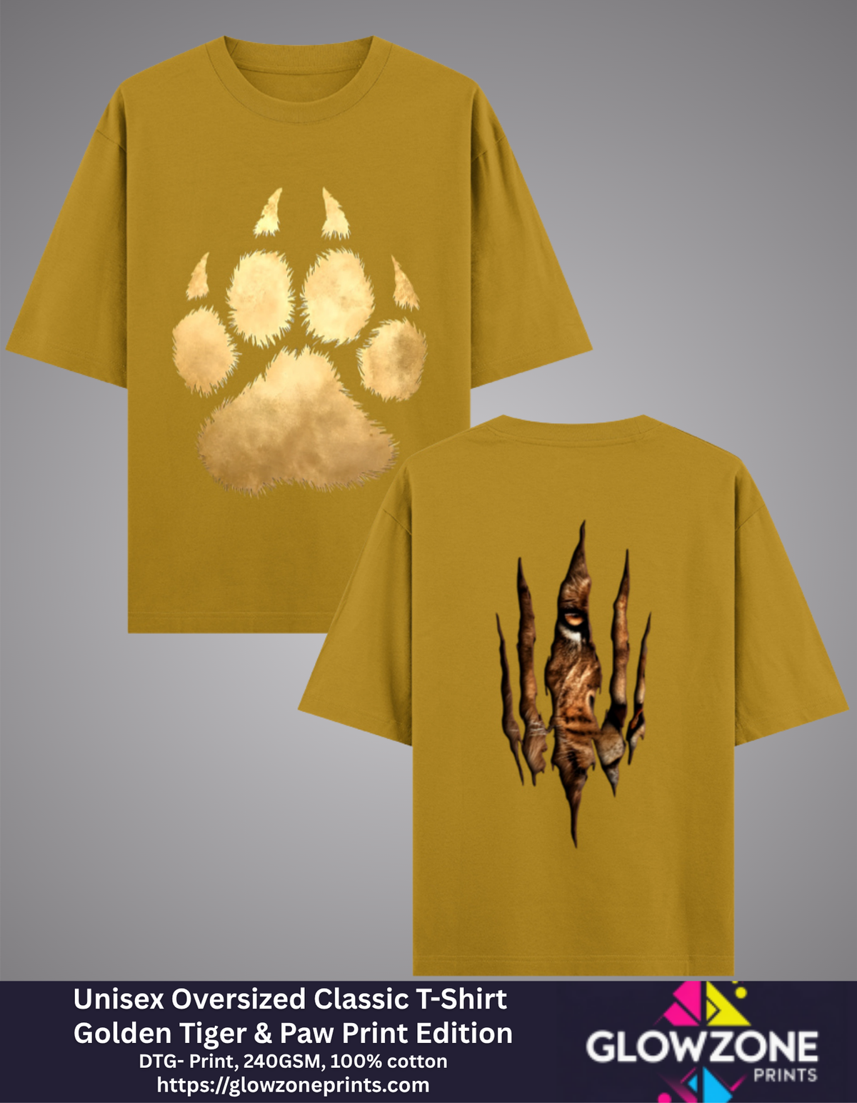 Unisex Oversized Classic T-Shirt – Golden Tiger &amp; Paw Print Edition Mustard Yellow GlowZonePrints