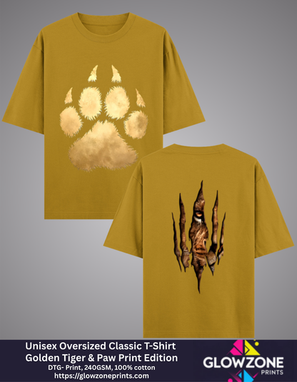 Unisex Oversized Classic T-Shirt – Golden Tiger &amp; Paw Print Edition Mustard Yellow GlowZonePrints