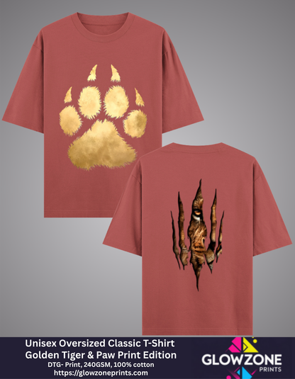 Unisex Oversized Classic T-Shirt – Golden Tiger &amp; Paw Print Edition Coral GlowZonePrints