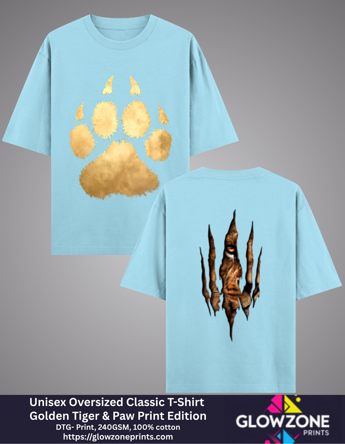 Unisex Oversized Classic T-Shirt – Golden Tiger &amp; Paw Print Edition Baby Blue GlowZonePrints