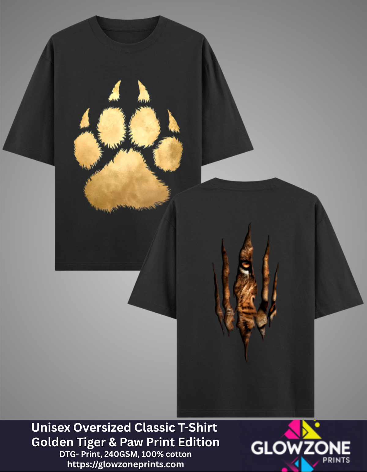 Unisex Oversized Classic T-Shirt – Golden Tiger &amp; Paw Print Edition Black GlowZonePrints