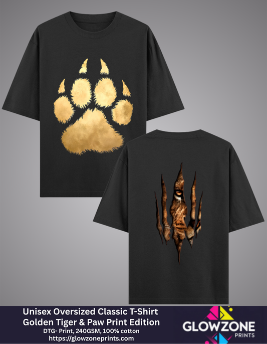 Unisex Oversized Classic T-Shirt – Golden Tiger &amp; Paw Print Edition Black GlowZonePrints