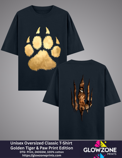 Unisex Oversized Classic T-Shirt – Golden Tiger &amp; Paw Print Edition Navy Blue GlowZonePrints