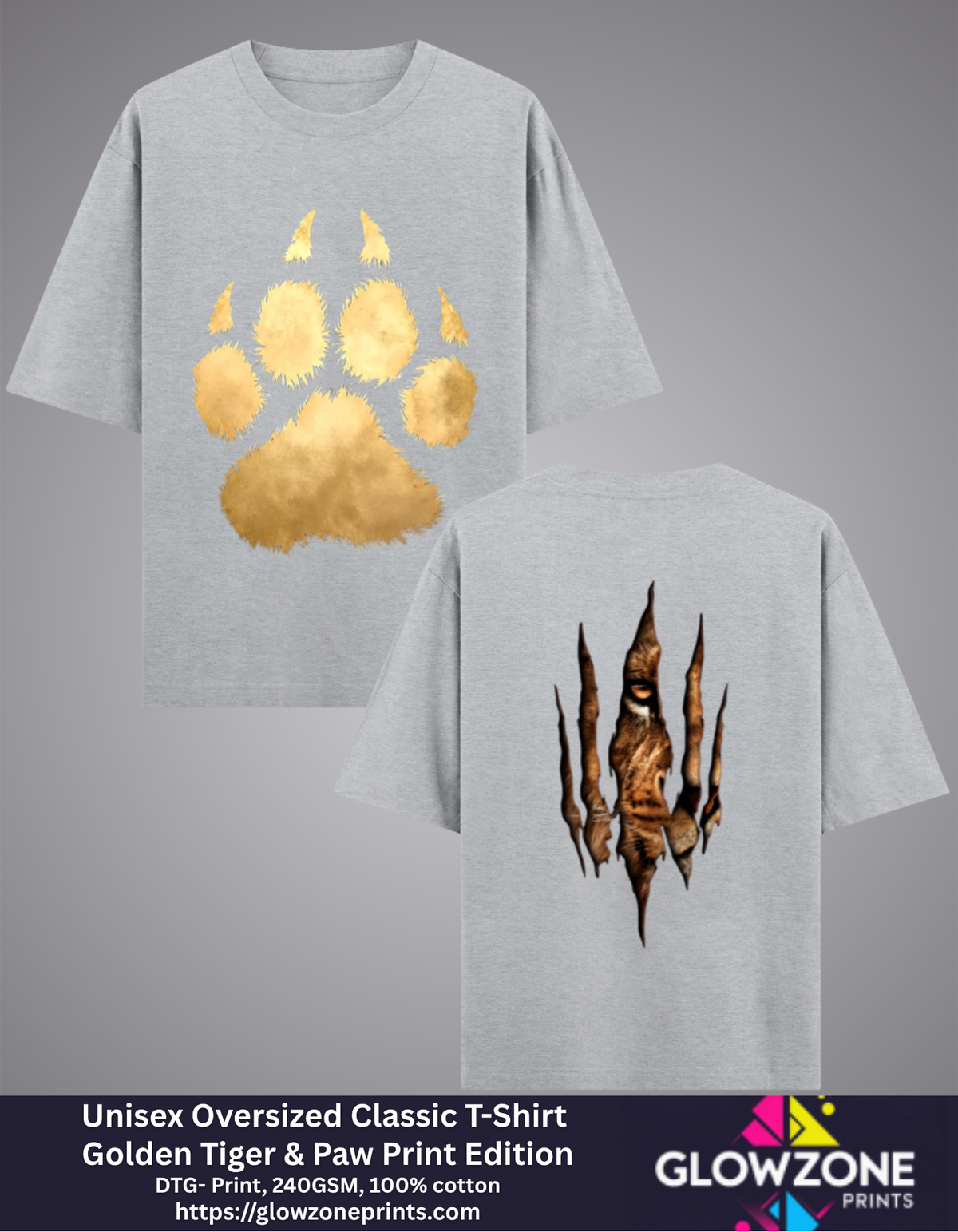 Unisex Oversized Classic T-Shirt – Golden Tiger &amp; Paw Print Edition Grey Melange GlowZonePrints