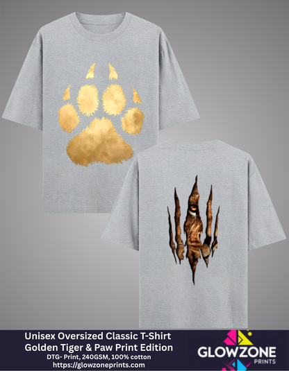 Unisex Oversized Classic T-Shirt – Golden Tiger &amp; Paw Print Edition Grey Melange GlowZonePrints