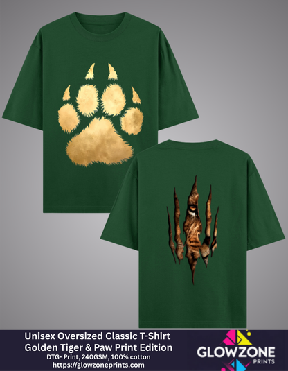 Unisex Oversized Classic T-Shirt – Golden Tiger &amp; Paw Print Edition Bottle Green GlowZonePrints
