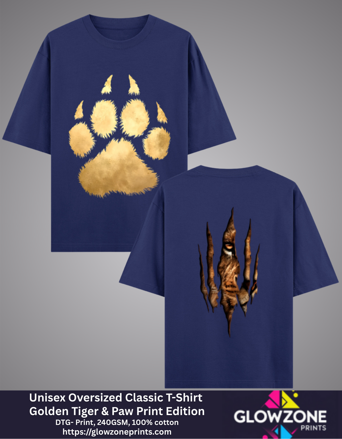 Unisex Oversized Classic T-Shirt – Golden Tiger &amp; Paw Print Edition Royal Blue GlowZonePrints