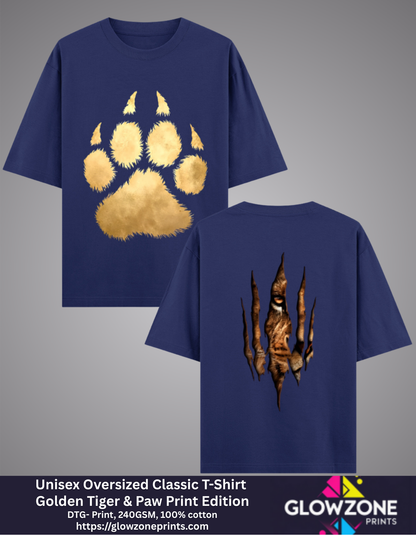 Unisex Oversized Classic T-Shirt – Golden Tiger &amp; Paw Print Edition Royal Blue GlowZonePrints