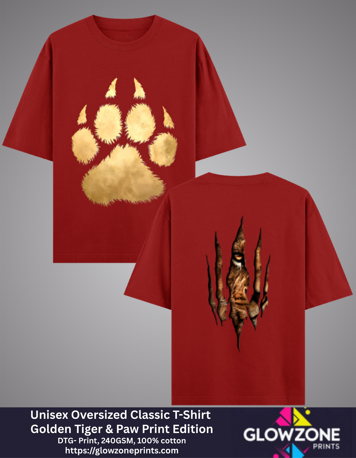 Unisex Oversized Classic T-Shirt – Golden Tiger &amp; Paw Print Edition Red GlowZonePrints
