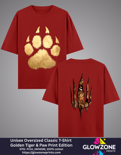 Unisex Oversized Classic T-Shirt – Golden Tiger &amp; Paw Print Edition Red GlowZonePrints