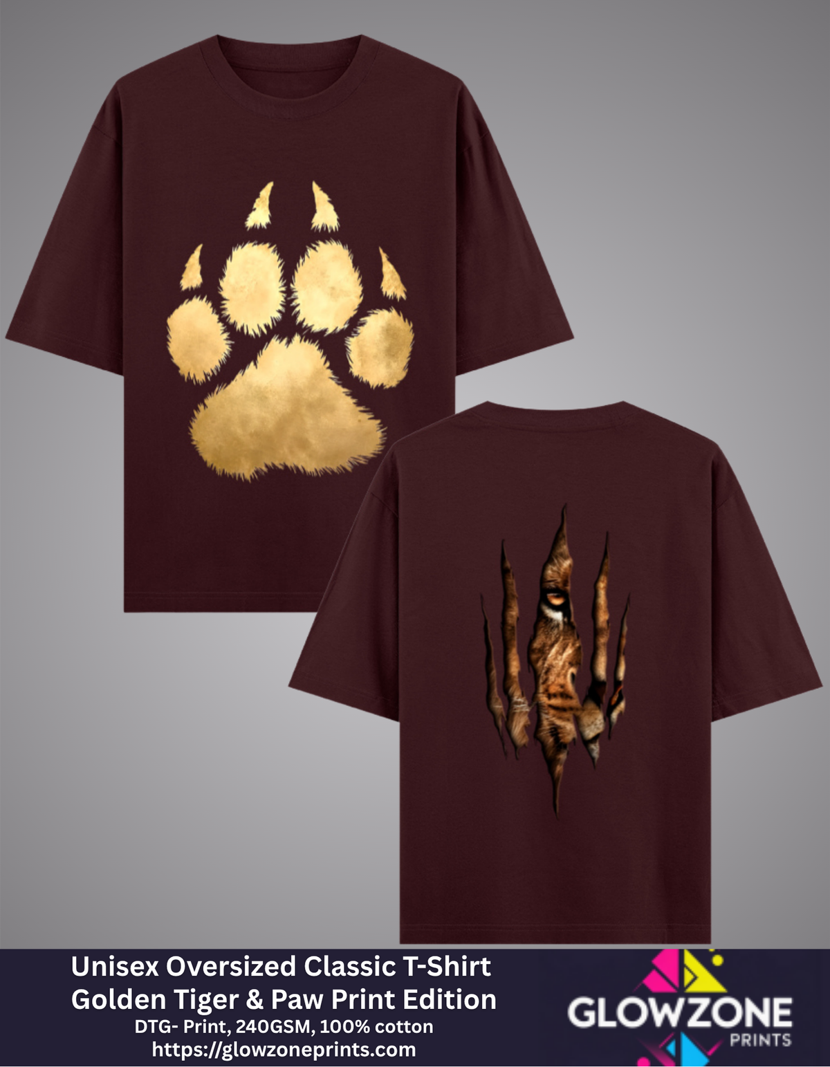 Unisex Oversized Classic T-Shirt – Golden Tiger &amp; Paw Print Edition Maroon GlowZonePrints