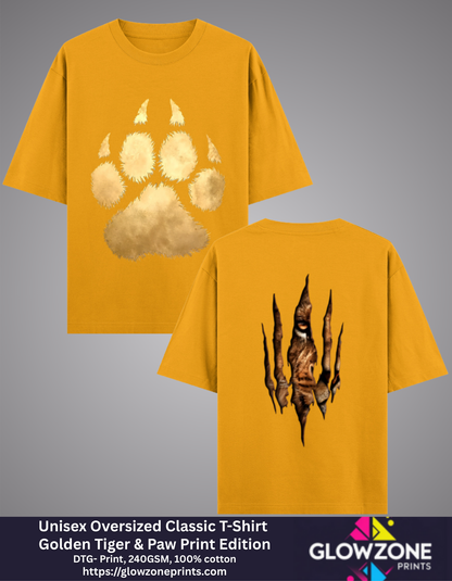 Unisex Oversized Classic T-Shirt – Golden Tiger &amp; Paw Print Edition Golden Yellow GlowZonePrints